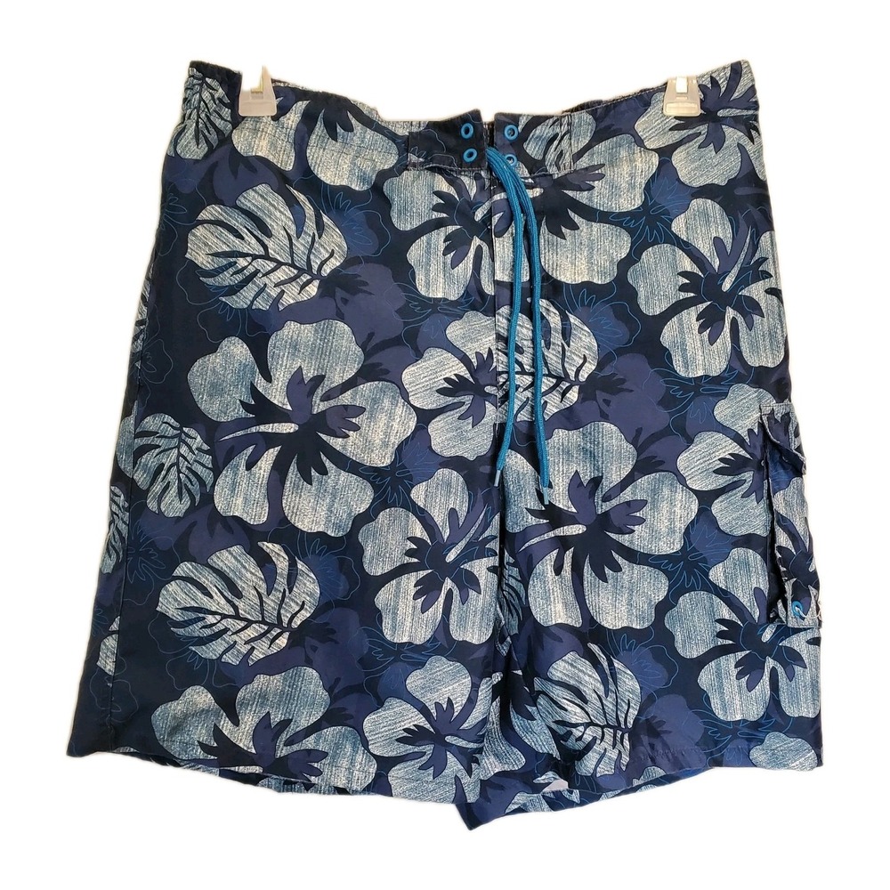 Joe Boxer Swim Shorts Men Size Large Tie Front Blue Flower Print
